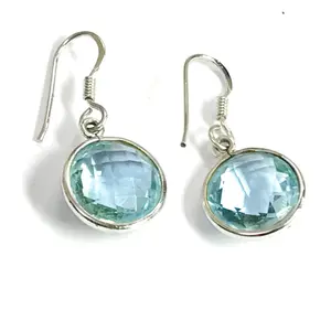 BLUE TOPAZ EARRING ,Briollete Cut , Round shape,Dangle Earrings ,Sky blue , Ear Wire earrings , December birthstone, Valentine's Love Gift .