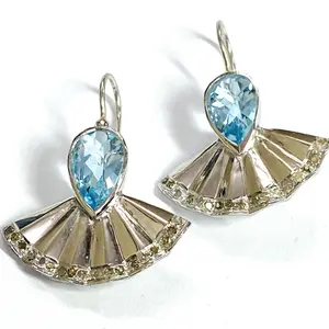 BLUE TOPAZ-DIAMOND Dangle Earrings, Briollete Cut, Topaz Gemstone ,December Birthstone , Gift for her.