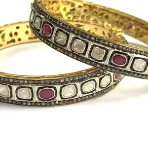 1 Pc ROSECUT RUBY DIAMONDS-925 Sterling Silver-Pave set Diamond Bangle, Vintage wedding bangle.