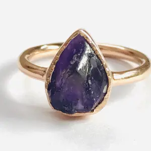 AMETHYST CRYSTAL Pear Rose gold Ring, February Birthstone ,Healing properties ,Purple Gemstone, Aquarius ,Valentine Gift for Her.