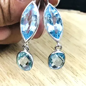 BLUE TOPAZ MARQUISE Dangle Earrings,Briollete Cut,Topaz Gemstone,December Birthstone,Gift for her.