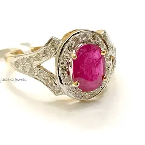 RUBY DIAMOND HALO Ring, 14k Yellow Gold ,July Birthstone ,Diamond Cluster,Engagement Ring,Ruby Anniversary