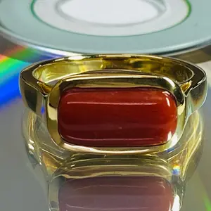 Mid Century Style -Modern Ring crafted in Genuine Natural Italian Red Coral Ring-14K-Genuine Red Coral -Yellow Gold- Art Deco Coral Ring