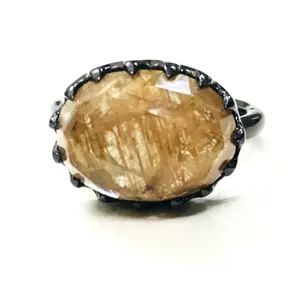 GOLDEN RUTILE QUARTZ Sterling Silver Men n Women Ring  ,Checkers Cut Cabochon Rutile Quartz ,Oval Shape Gemstone , Gemini & Taurus Gemstone