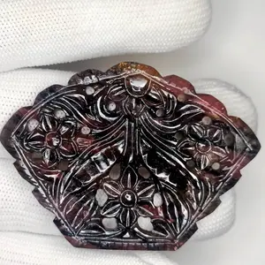 Natural Bi Color Tourmaline Carving, Mughal Art Carving Loose Gemstone, Deep Carving, Crown Shape, Unique Tourmaline Gem