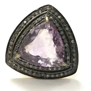 Super fine quality 100% natural silver ring of AFRICAN AMETHYST TRILLIANCE with rose cut diamonds cluster , February birthstone , christmas