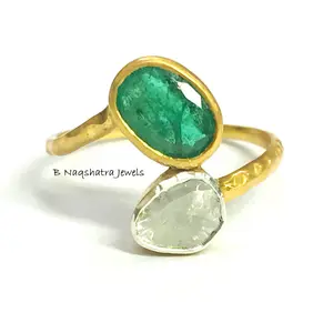 EMERALD Rose Cut DIAMOND COCKTAIL Ring ,May birthstone, Engagement Ring, 925 Sterling Silver, Antique Gold 1 Micron Finish ,Christmas Gift..