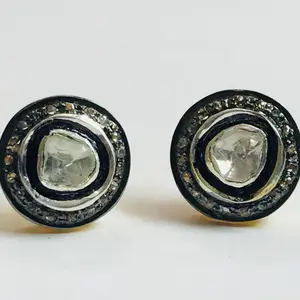 VINTAGE DIAMONDS EARRINGS ,finest handmade antique art,natural handmade diamond polkis studs, rose cut round diamonds , handcut diamonds