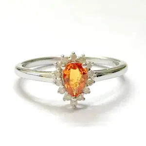 ORANGE SAPPHIRE DIAMOND Halo Ring ,Pear shape, 925 Sterling Silver Ring , Diamond Cluster , Engagement Ring For Wedding Season ...