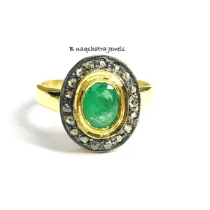 EMERALD DIAMOND HALO 925 sterling Silver Ring ,May birthstone, Engagement Ring, Antique Gold Finish , Cocktail ring ,Christmas Gift..