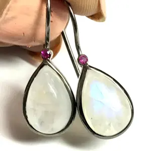 RAINBOW MOONSTONE RUBY Hoop Earring- Rainbow Drop Earring- June Birthstone Earring- Pear Shape Earrings- Cabochon Moonstone Earring