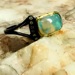ETHIOPIAN OPAL DIAMOND Ring,Welo Opal Ring ,Octagon Cabochon Ring ,October birthstone Ring ,Promise Ring For Her