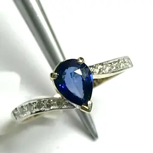 BLUE SAPPHIRE ENGAGEMENT Ring ,14 k solid Yellow Gold,September Birthstone,Pear Shape,Natural Diamonds,Gift for her.