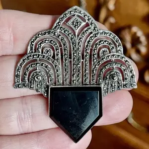 Delicious Deco—Art Deco Reproduction Brooch with Marcasite and Onyx, 925 sterling silver ,Feminist jewelry, Gift for her .
