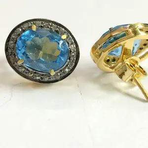 BLUE TOPAZ DIAMONDS  cluster earrings ,Swiss blue topaz oval shape earrings in 925 sterling silver ,Swiss B.T. evening party wear