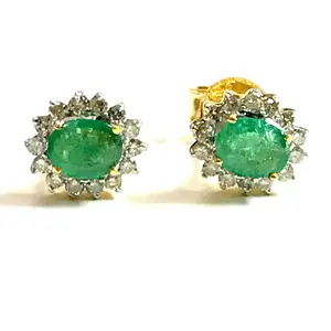EMERALD DIAMOND push back Earrings,14k Gold Diamond Cluster,Emerald Gemstone,May Birthstone ,Gift for Her