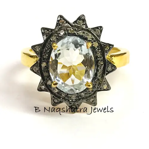 AQUA DIAMONDS ANTIQUE ring in 925 sterling silver , star shape pave setting diamond , wedding ring , Aquamarine gemstone , gift for her.....