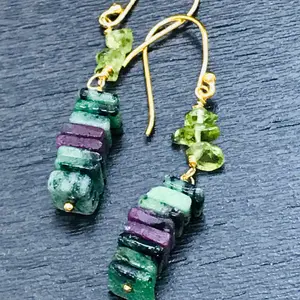 Gorgeous Ruby zoisite chips EARRINGS, Peridot Nugget Beads, Handmade Jewelry ,Gift For Her.