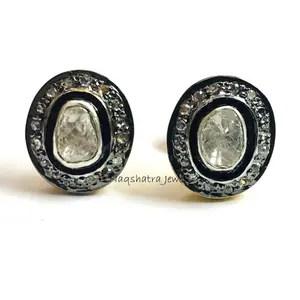 VINTAGE DIAMONDS Cluster Earrings,Natural Diamond Polki Studs, Rose Cut Diamonds Tops,Women Jewelry,Oval Shape Earrings