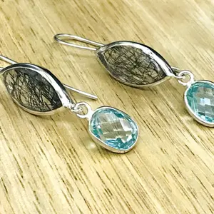 Black Rutile Quartz - Blue Topaz Earrings,,Tourmalinated Quartz ,Rose Cut Rutile Jewelry,Gemini & Taurus Gemstone