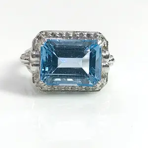 Natural BLUE TOPAZ  DIAMONDS Ring ,December Birthstone ,Hand Forged Ring ,12 x 16 mm Octagon,Valentine Gift.