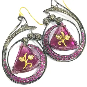 24k Gold Embossed Polki Diamond Pink Tourmaline - Ruby Diamond ,Victorian Dangle Earrings ,Hook Earring ,ESTATE JEWELRY ,Handmade Earrings .