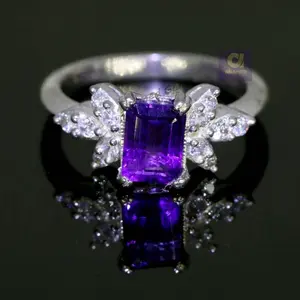 6x8 mm Rectangle Cut Natural Purple Amethyst Gemstone Ring, 925 Sterling Silver Ring, Engagement / Wedding Ring February Birthstone Amethyst