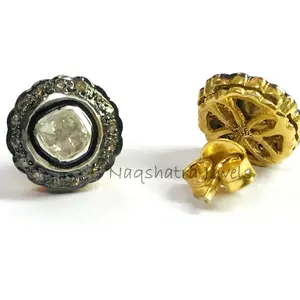 DIAMONDS POLKI STUD Earrings ,925 Sterling Silver,Women Jewelry, Vintage Style ,Antique Finish , Mothers Day Gift , Diamonds Halo , Cluster