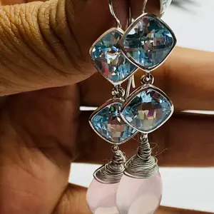 Rose Quartz - Blue Topaz Earrings,Pink Quartz,Drop & Dangle Earrings,December and January Gemstone
