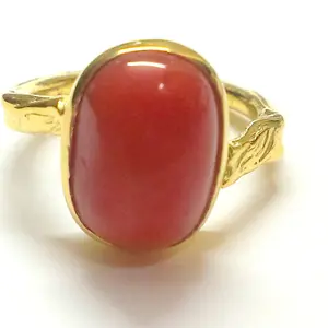 NATURAL CORAL RING ,14K Gold ,Italian Red Coral, 4Ct, Solitaire Edwardian Engagement Ring, Stacking Ring, Vintage Art Deco