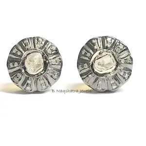 HALO DIAMONDS STUD Earrings sterling silver 925,Diamond Cluster earrings, Rose Cut Diamonds Antique look ,Vintage Style....