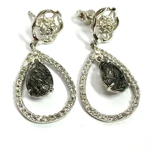 Black Rutile Quartz -Earrings, Rutiliated Quartz ,Jewelry, Gemini & Taurus Gemstone , Black tourmaline , Promise Gift for her  .