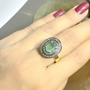 NATURAL EMERALD DIAMOND Halo Ring, Rose Cut Diamonds , women ring , 925 sterling silver, Victorian style .....