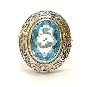 BLUE TOPAZ UNISEX Ring , Aqua color Men Ring , December birthstones, Carved Jewelry , Embossed Handmade Jewelry,Gift for him or Her ..