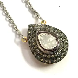 ROSE CUT DIAMONDS Necklace Pendant ,sterling silver 925 with ,Diamond Pendant ,Tear Drop pendulum,Christmas Gift..
