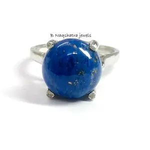 LAPIS LAZULI CABOCHON silver ring ,8 mm round ,Sterling Silver, Yeats, Azurite , Pyrite , Aoki lapis ,Blue Color ring,