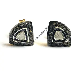 TRIANGLE STUD EARRINGS ,Natural Rose cut Diamonds ,Push Back earrings ,Sterling Silver,Lovely Valentine gift, Trillion Shape Diamonds Gift..