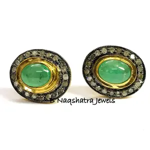 EMERALD DIAMOND Vintage Design Earrings ,925 Sterling silver,Antique finish,Diamond Cluster,Emerald Cabochon , May Birthstone ,Gift for Her