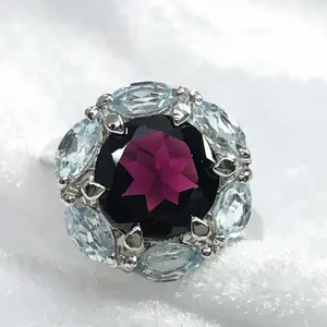 GARNET BLUE TOPAZ Ring ,January birthstone rings, Red garnet ring, Round and Marquise shape ,Genuine Garnet Solitaire,Valentine Gift