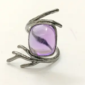 AFRICAN AMETHYST CABOCHON Cushion shape silver ring in black finish , February Birthstone perfect for loved ones in Christmas holidays..