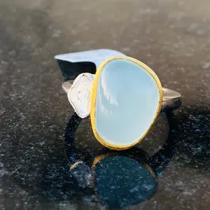 Natural Aquamarine Diamond Silver Ring - Birthstone Ring- Oxidized Silver - Completely Handmade & Silver-Gift for Her.