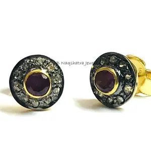 RUBY DIAMOND EARRINGS,Antique finish ,Diamond Cluster,Natural Ruby & diamonds ,July Birthstone ,Valentine Gift