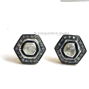 HEXAGON SHAPE Fine art Handmade Antique ,natural diamond polkis studs, rose cut diamonds tops, vintage diamonds earrings , handcut diamonds