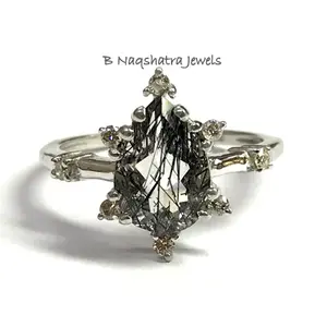 BLACK RUTILE QUARTZ Sterling Silver Ring with Diamonds , Super Fine Tear Drop Rutile Quartz , Pear Shape Gemstone , Gemini & Taurus Gems