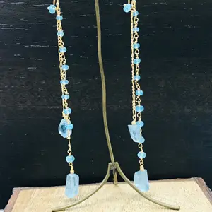 AQUAMARINE LONG Earrings ,Gold Hook Earrings ,March Birthday Gift,Healing Crystal Jewelry ,Faceted Beads & Tumble