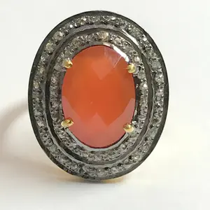 CARNELIAN DIAMOND RING in 925 sterling silver,Checkers cut Orange Carnelian ,rose cut diamonds , antique finish , perfect for evening wear..
