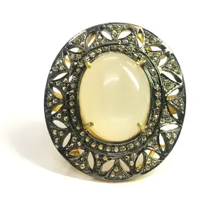 MOONSTONE DIAMOND VICTORIAN Ring ,Oval Cabochon , Cocktail Ring ,Sterling Silver, Perfect Moonlight ,June Birthstone,Promise Ring For Her..