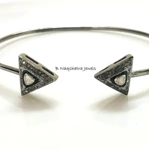 925 solid Sterling Silver and Natural ROSE CUT DIAMONDS Cuff Bangle -Vintage wedding Gift,Bride Maid Gift...