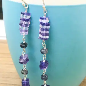 AMETHYST SQUARE BEADS Dangle Earrings ,February birthstone ,Purple Amethyst , Valentine's Love Gift ,Handmade Jewelry .