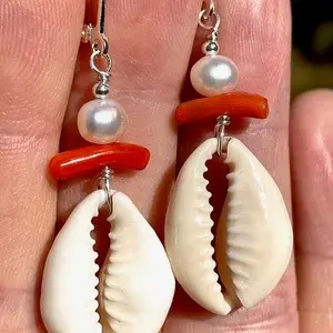Cowrie Shell Earrings with Vintage Red Coral and Pearls , Vagina Design earrings , Feminist jewelry , Gift for her .